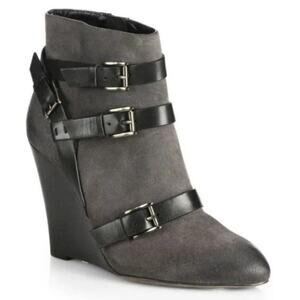 Rebecca Minkoff Maggie Suede Harness Buckle Wedge Booties Gray Black 6.5